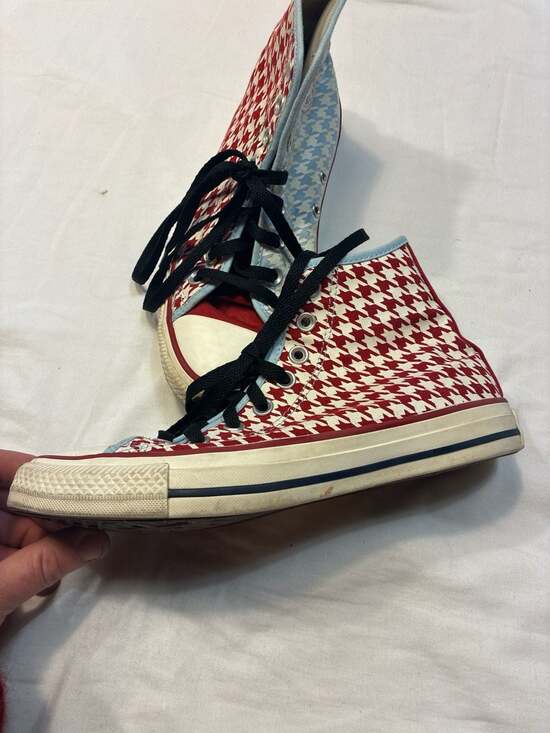 Converse Chuck Taylor All Star High Top Houndstooth Patchwork Sneakers Red/Blue - Picture 4 of 8
